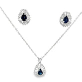 14k White Gold 1.50ct G VS2 Baguette Shape Diamond / 1.20ct Blue Sapphire Pear Shape Ballerina Setting Omega Clip Back Earrings and  14k White Gold 1.00ct  G VS2 Baguette Shape Diamond/ .80ct Blue Sapphire Pear Shape Pendant Set